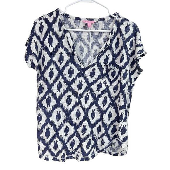 Lilly Pulitzer Duval Linen Short Sleeve Shirt Little Fish Ikat Navy White Small - Picture 1 of 11